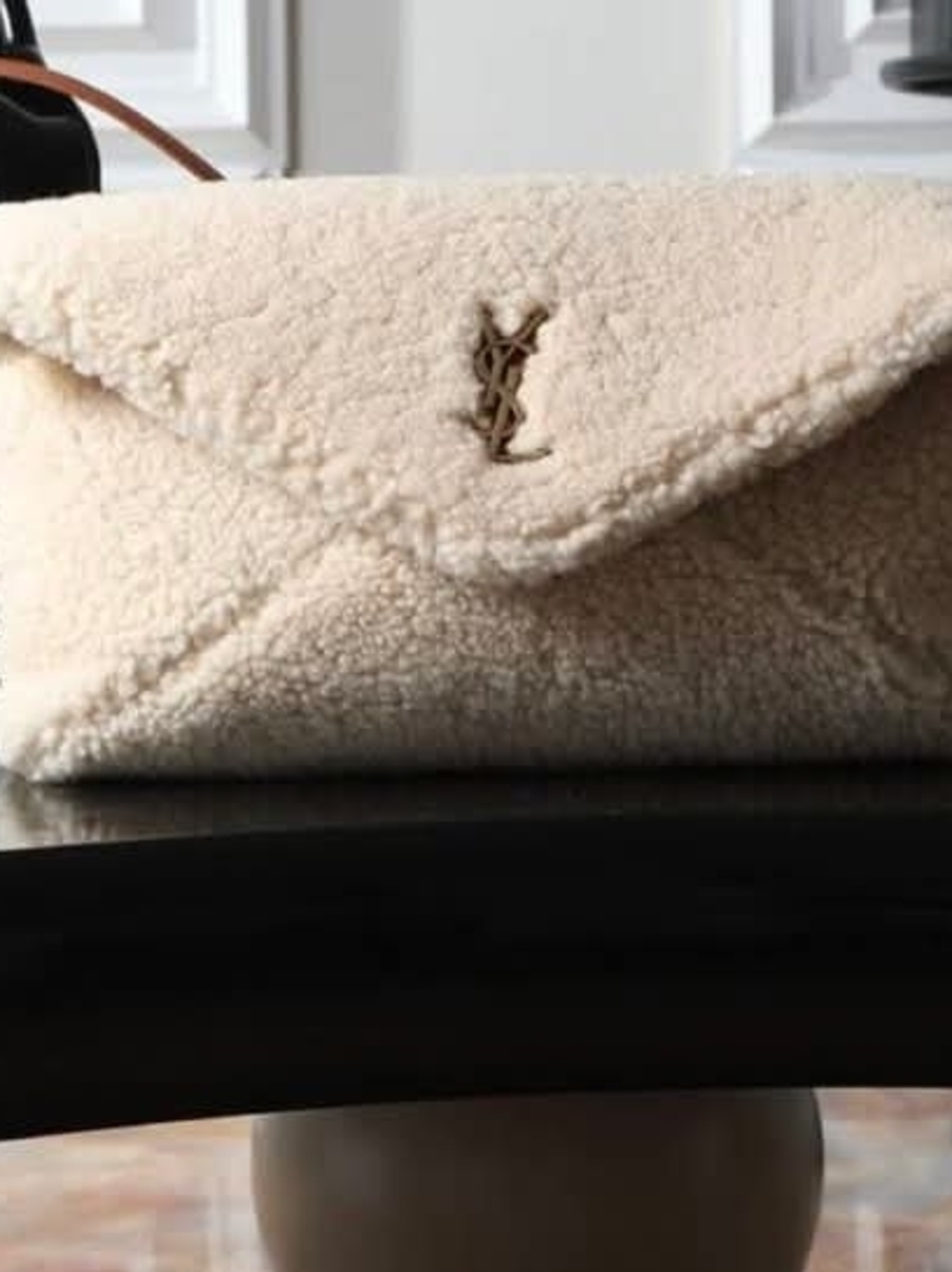 Saint Laurent Shearling Envelope Clutch in Cream